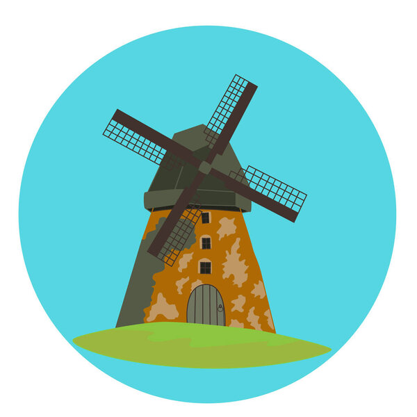 Vector icon of an old windmill, isolated on a white background. Illustration of a windmill on a round blue background in retro style. Logo.