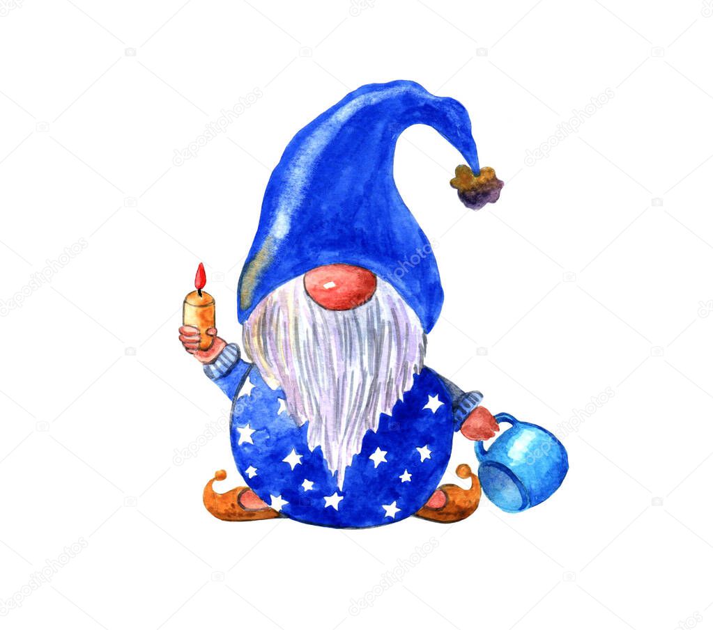 Watercolor illustration of a cute, funny Christmas gnome in a blue cap isolated on a white background