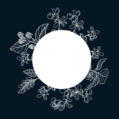 Yaban mersini çalıları ile çerçevelenmiş yuvarlak bir çerçeve: böğürtlen, kızılcık, böğürtlen, böğürtlen. Koyu arkaplandaki beyaz bitki çizgilerinin vektör çizimi.