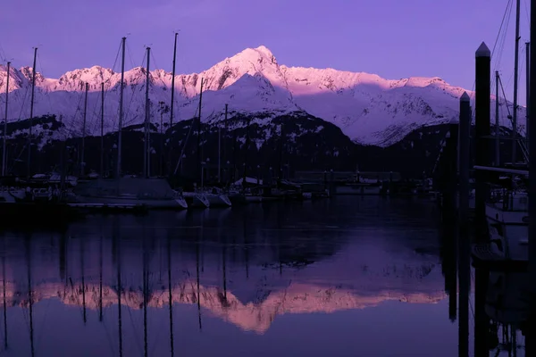 Tramonto Con Alpenglow Sopra Seward Harbor Seward Alaska — Foto Stock