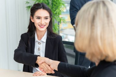 İş kadını buluşurken gülümseyerek el sıkışıyor ve çok para kazanıyor..