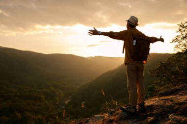 Bir uçurumun kenarında duran gezgin ve dağlara bakıyor..