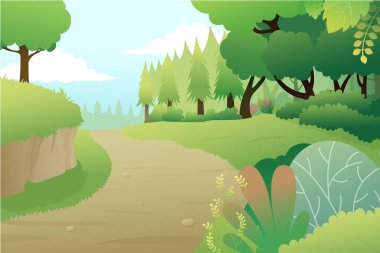 Derin sisli ormanlı vektör manzarası.