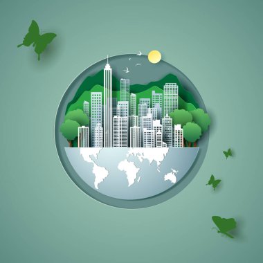 Vector kağıt sanat ve dijital zanaat stili vahşi yaşam ve eko yeşil şehir.