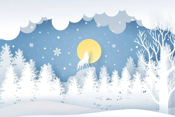 Día Navidad Lobo Bosque Con Nieve Temporada Invierno — Vector de stock
