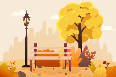 Yedek kulübesi ve yaprakları dökülen halk parkı, manzara karikatür tarzının arka planı, 10 vektör..