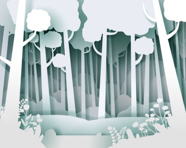 Çam ormanlı vektör manzarası. Kağıt kesim biçimi arka planı, EPS 10 vektörü.