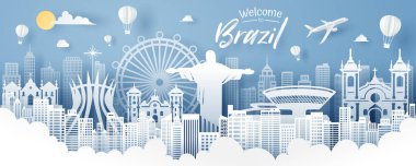 Brezilya şehir simgesi, seyahat ve turizm konseptinin kağıt kesimi, 10 vektör eder.