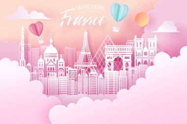 Fransa 'nın tarihi, seyahati ve turizm konseptinin kağıt kesimi.