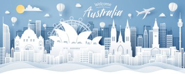 Avustralya şehir simgesi, seyahat ve turizm konseptinin kağıt kesimi. 10 vektör.