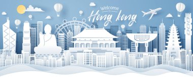 Hong Kong şehir simgesi, seyahat ve turizm konseptinin kağıt kesimi, 10 vektör..