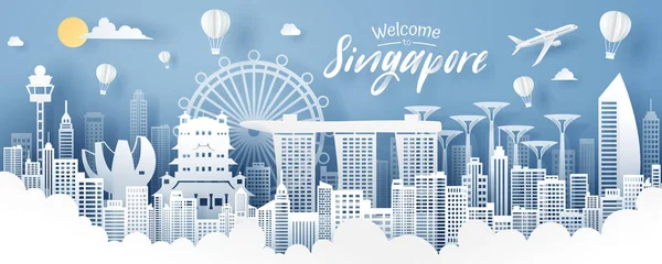 Corte Papel Singapur Hito Viajes Turismo Concepto Eps Vector — Vector de stock