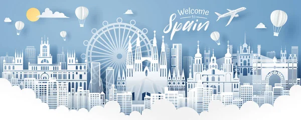 Corte Papel España Hito Viajes Turismo Concepto Eps Vector — Vector de stock