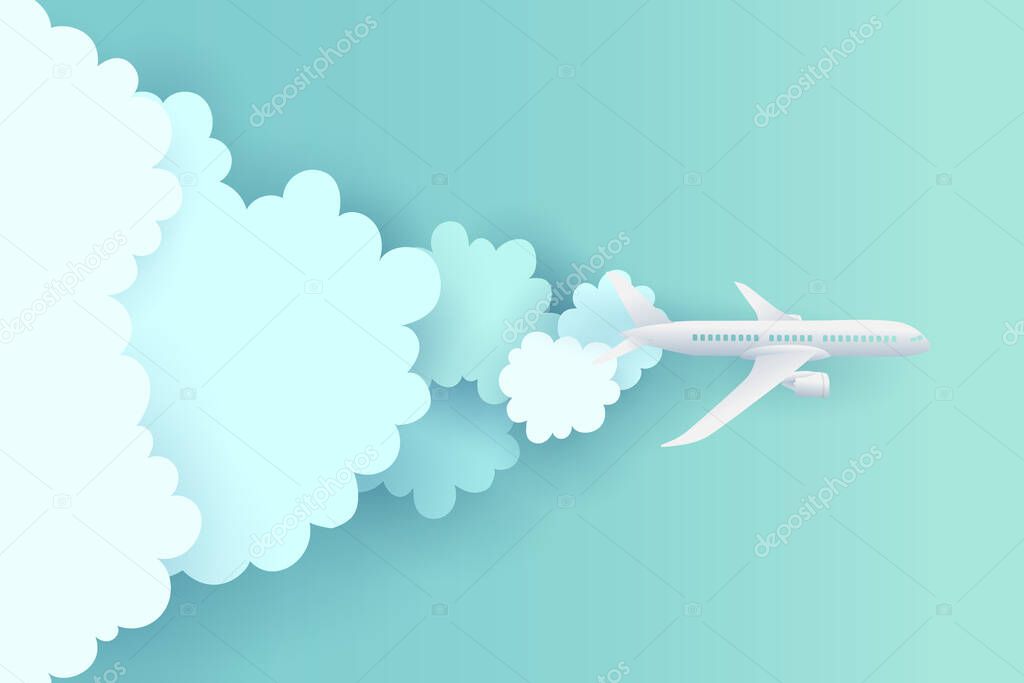 Vector paper art and landscape, digital craft style for travel and airplane is flying on the sky.
