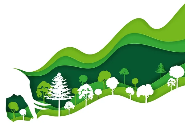 Sztuka Papieru Cyfrowy Styl Rzemiosła Krajobraz Słoniem Zielonym Lasem Ekologicznym — Wektor stockowy
