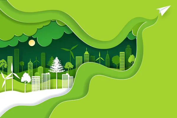 Паперове Мистецтво Цифровий Стиль Ремесел Ландшафту Зеленим Екологічним Містом День — стоковий вектор