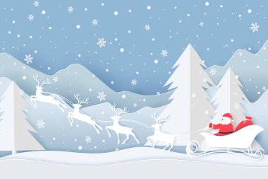 Vektör Noel kartı. Yeni yılın kutlu olsun, Snow. Noel Baba ormanda kızağını sürüyor. Mutlu yıllar ve mutlu noeller konseri.