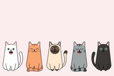 Çizgi film kedilerinin vektör çizimi. Kedi koleksiyonu, pembe arka planda kedilerin vektör silueti.