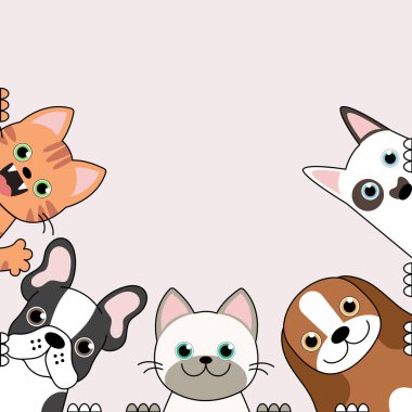 Komik karikatür köpekleri ve kedilerin vektör çizimi en iyi arkadaşlar, pembe arka planda kedi ve köpeklerin vektör silueti..