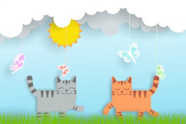 Vektör kağıt sanatı ve peyzaj. Yazın dijital zanaat stili. Mavi arka planda iki kedi, güneş, bulut ve kelebek..