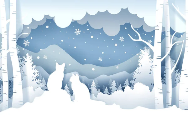 Dia Natal Gatos Pinhal Com Neve Temporada Inverno Fundo Paisagem — Vetor de Stock
