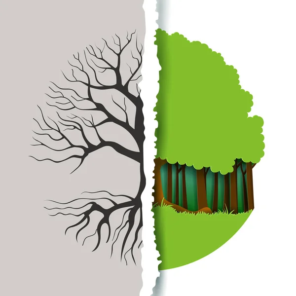 Vridna Papperskanter Halvdöd Och Grön Ekoskog Rädda Världen Och Grön — Stock vektor