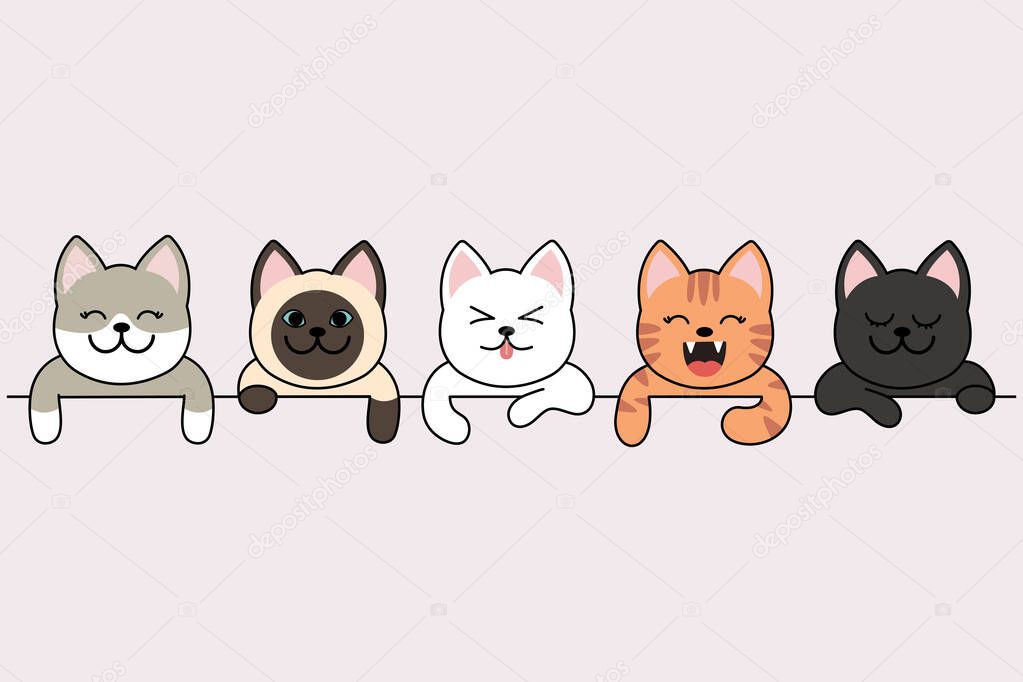Different cartoon cats front border set, poses and emotions.