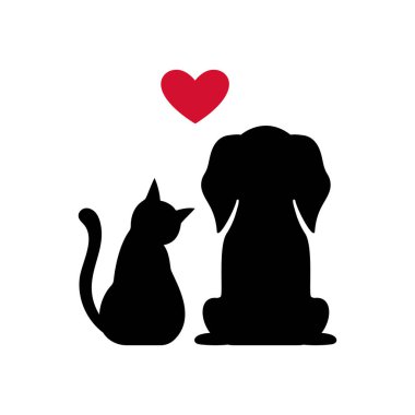 Kara kedi, köpek ve kırmızı kalp kâğıt sanatı, beyaz arka planda kedi silueti.