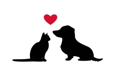 Kara kedi, köpek ve kırmızı kalp kâğıt sanatı, beyaz arka planda kedi silueti