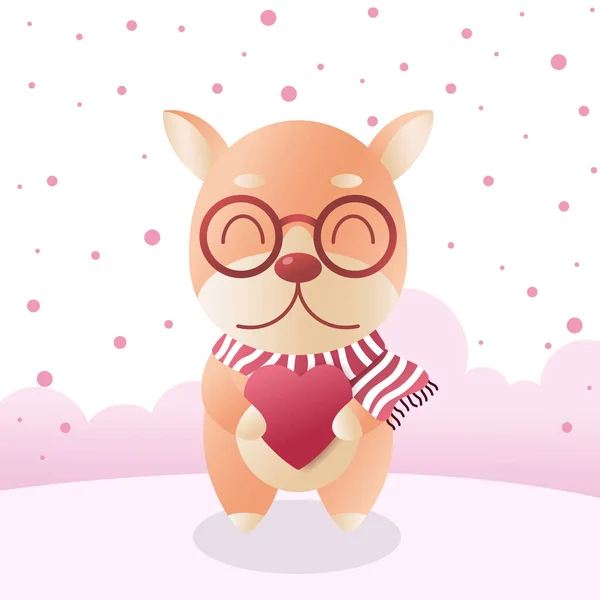 Lindo Perro Shiba Inu Bufanda Invierno Con Corazón Nieve Rosa — Vector de stock