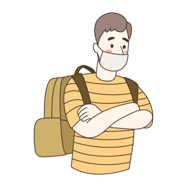 Genç adam çapraz kollu bir yüz maskesi takıyor..