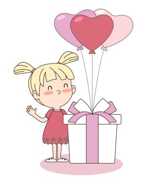 Hediye kutusu ve kalp balonu olan tatlı bir kız. Sevgililer Günü konsepti.