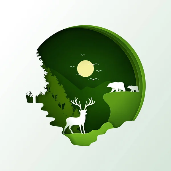 Style Vectoriel Artisanal Numérique Forêt Écologique Verte Avec Ours Cerfs — Image vectorielle