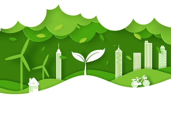 Doğanın Vektör Dijital Zanaat Stili Yeşil Çevre Dostu Şehir Konsepti — Stok Vektör