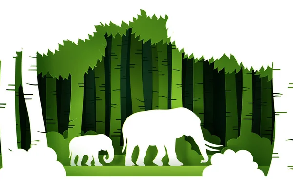 Vektor Och Digitala Hantverk Stil Grön Eko Skog Med Elefanter — Stock vektor