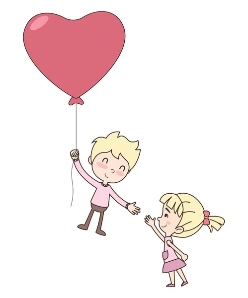 Vecteur Mignon Garçon Fille Couple Aimant Avec Grand Coeur Ballon — Image vectorielle