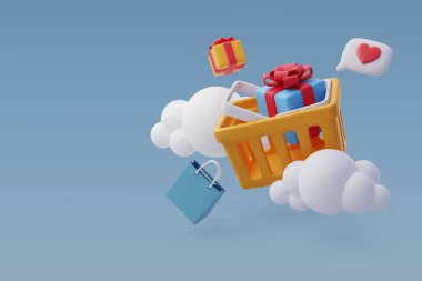 Bulutlu, market çantalı ve hediye kutulu 3D Vector Alışveriş Arabası, Alışveriş Çevrimiçi Kavram. Eps 10 Vektörü.