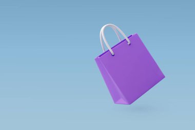 Beyaz saplı şık mor 3D alışveriş çantası, modern perakende, ecommerce ve tüketici yaşamını sembolize ediyor