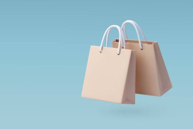 Beyaz saplı iki bej alışveriş çantasının 3 boyutlu vektör çizimi, perakende alışveriş, ambalaj ve e-ticaret alımlarını temsil ediyor.