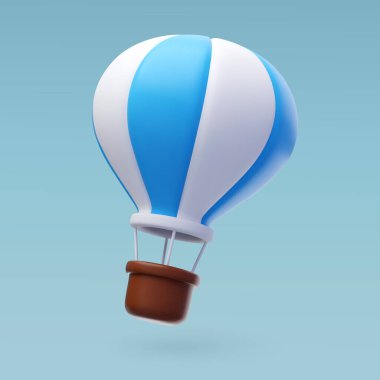 Seyahat, macera, turizm ve açık hava keşiflerini sembolize eden, mavi ve beyaz bir sıcak hava balonunun 3D vektör çizimi.