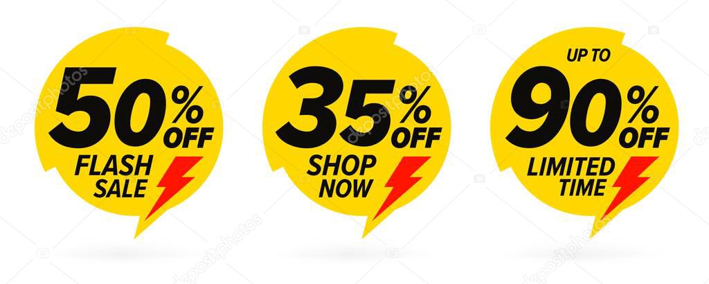 Flash sale discount label set with lightning bolt set