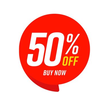Satın almada yüzde 50 indirim şimdi kırmızı konuşma balonu mesajı