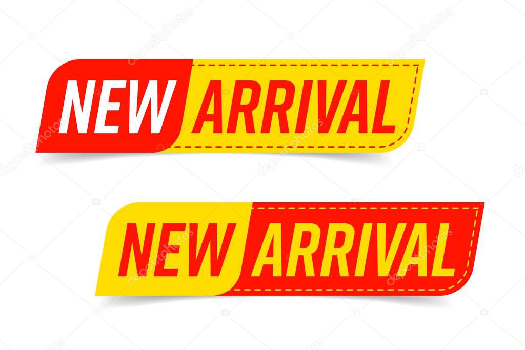 New arrival stitching sticker, label or badge design set. Design element with speech bubble shape and seam for new collection arriving soon at shop. Vector illustration isolated on white background