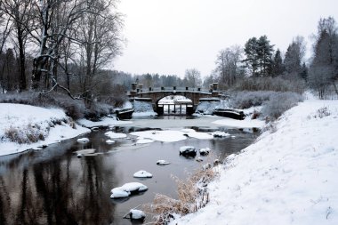Pavlovsk Sarayı ve Park Kompleksindeki Slavyanka Nehri ve Viscontiev Köprüsü kış bulutlu bir günde, Pavlovsk, Saint Petersburg, Rusya