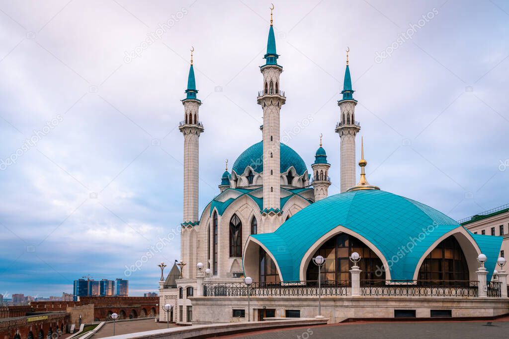 View of the Kul Sharif Mosque in the Kazan Kremlin from the tour desk on a cloudy day, Kazan, Tatarstan, Russia.