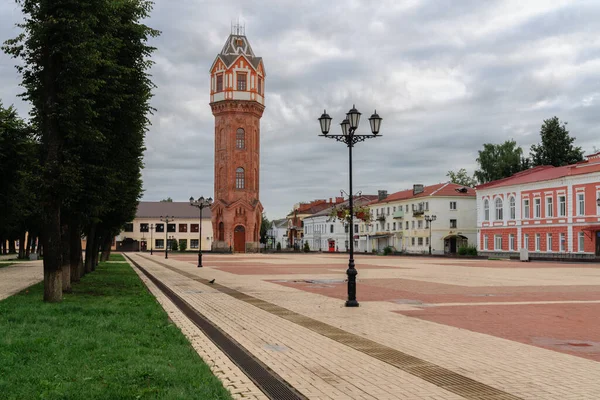 Widok Plac Katedralny Wieżę Ciśnień Wczesnym Pochmurnym Letnim Poranku Staraya — Zdjęcie stockowe