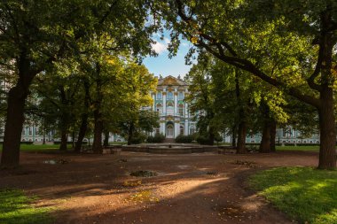 View of the Winter Palace Garden and the Hermitage building in the background on a sunny autumn day, St. Petersburg, Russia clipart
