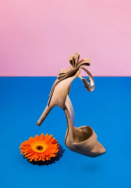 Minimum moda konsepti, turuncu papatya çiçeği ve mavi ve pembe arka planda yüksek topuklu modern ayakkabı. Yaratıcı yerçekimi yay bileşimi.