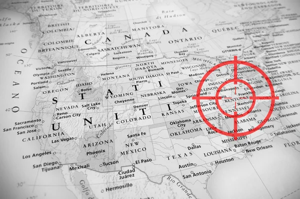 Red aerial target on tilted United States map ( Kentucky ), black and white effect