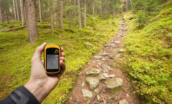 Per GPS die richtige Position im Wald finden — Stockfoto